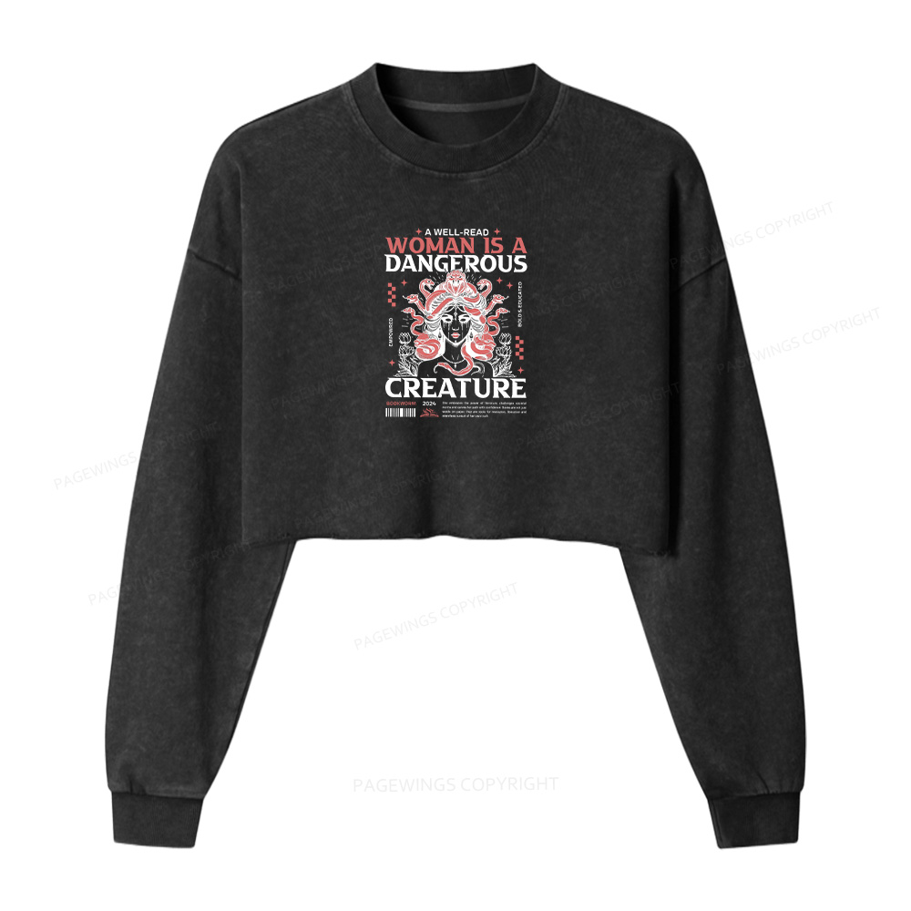 Pagewings A Well-Read Woman is A Dangerous Creature Women Washed Crop Sweatshirt