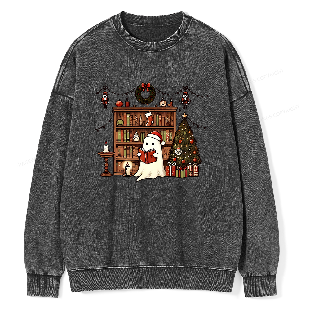 Pagewings Christmas Ghost Book Unisex Washed Sweatshirt