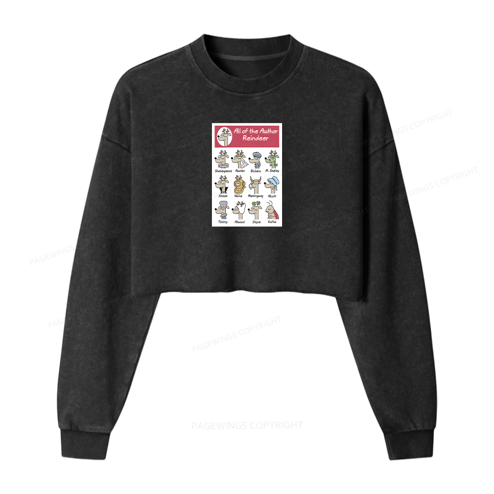 Pagewings All Of The Author Reindeer Women Washed Crop Sweatshirt
