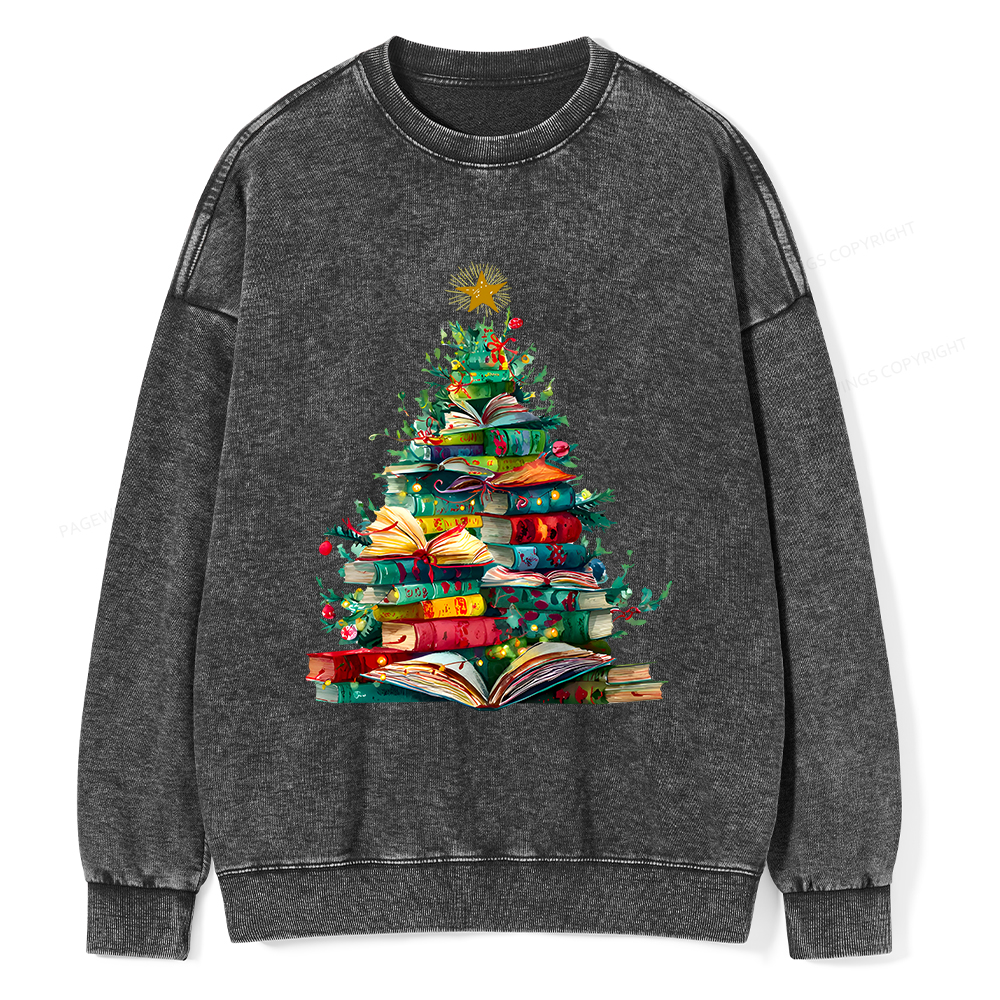 Pagewings Christmas Book Tree Unisex Washed Sweatshirt