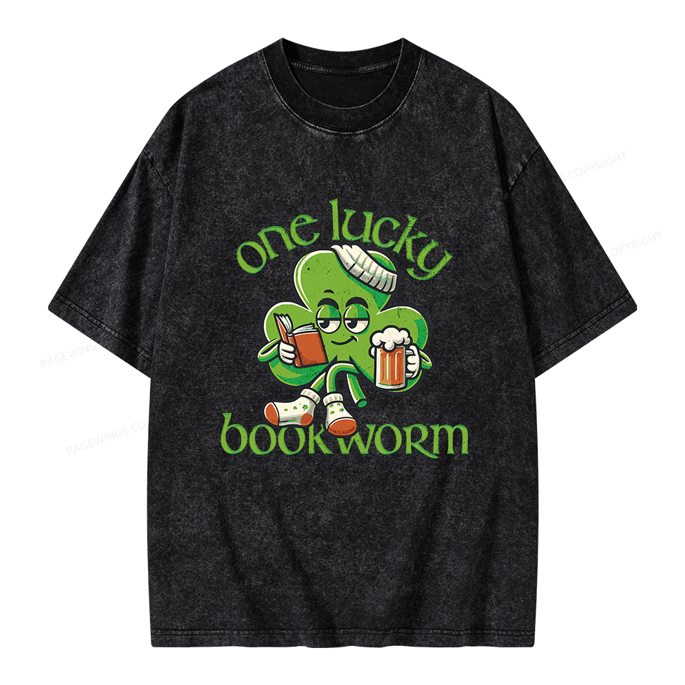 Pagewings  Lucky Book worm Shirt St. Patrick Day outfit Unisex Washed T-shirt