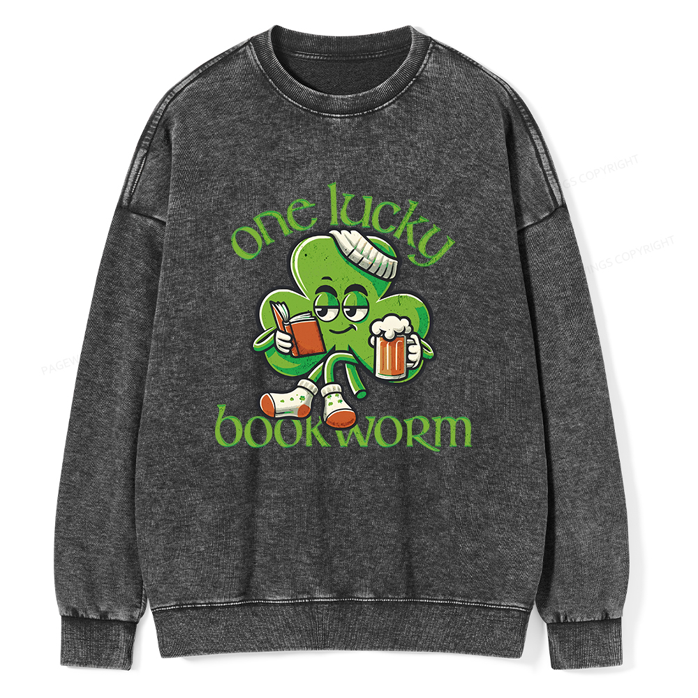 Pagewings  Lucky Book worm Shirt St. Patrick Day outfit Unisex Washed Sweatshirt