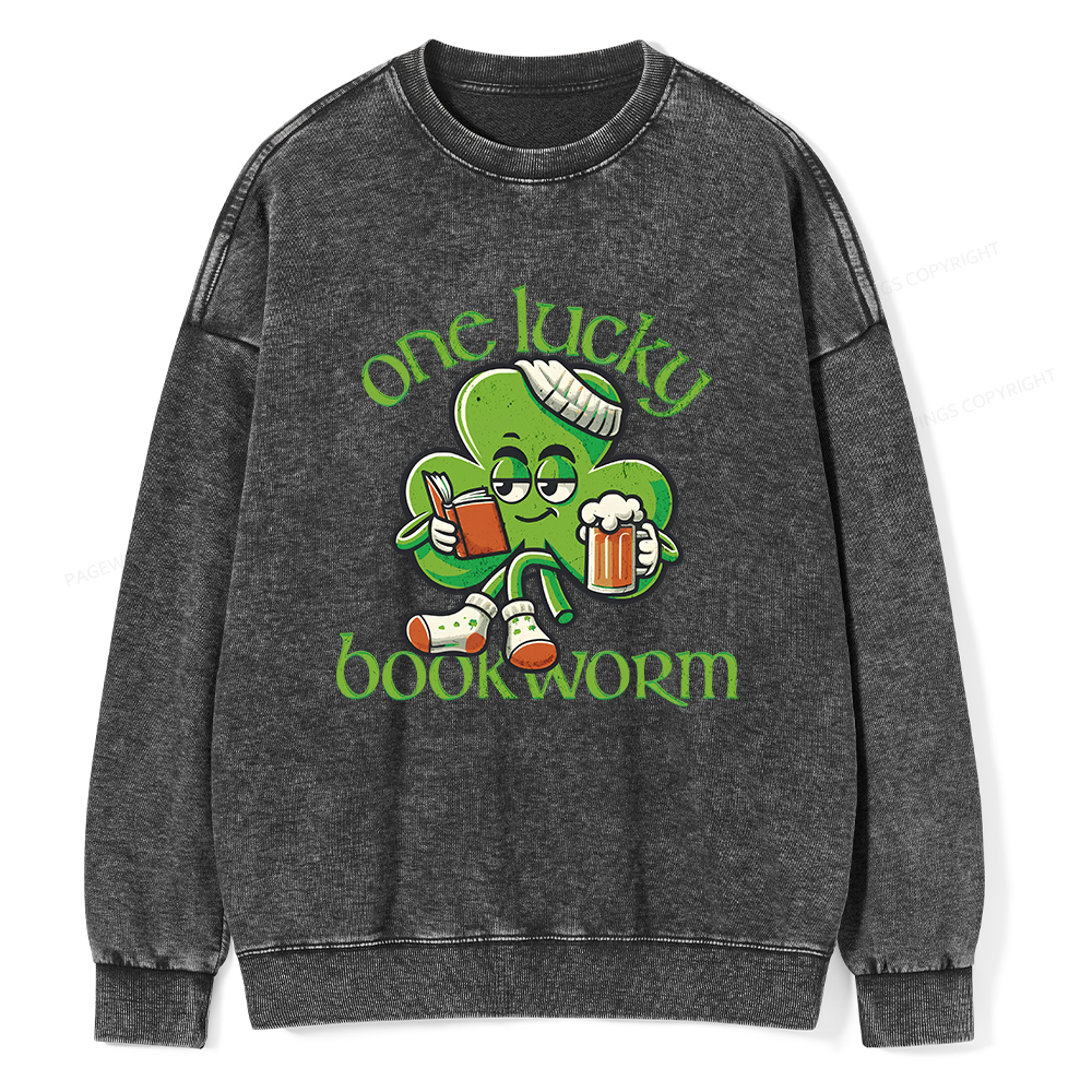 Pagewings  Lucky Book worm Shirt St. Patrick Day outfit Unisex Washed Sweatshirt