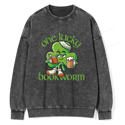 Pagewings  Lucky Book worm Shirt St. Patrick Day outfit Unisex Washed Sweatshirt