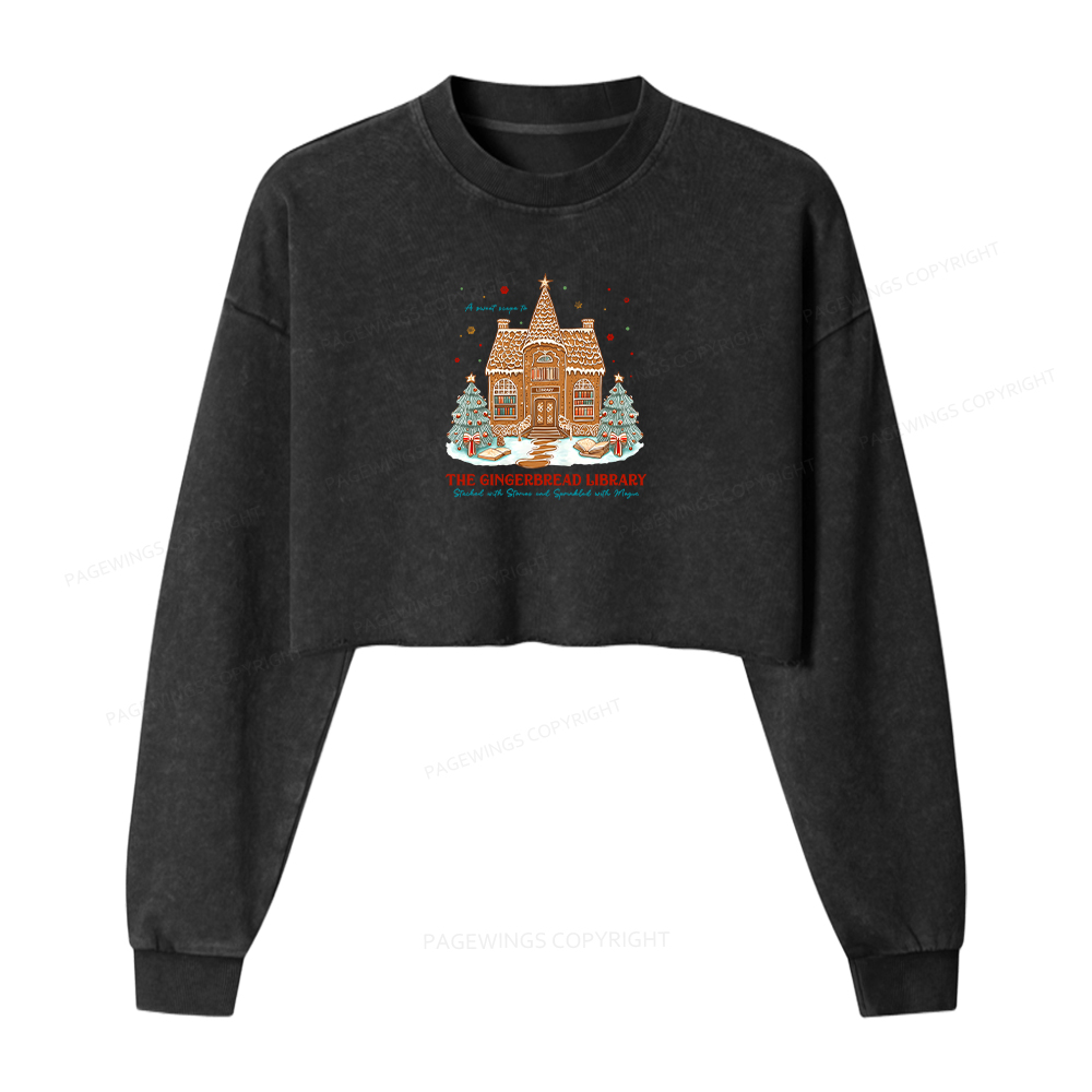 Pagewings Gingerbread Library Women Washed Crop Sweatshirt