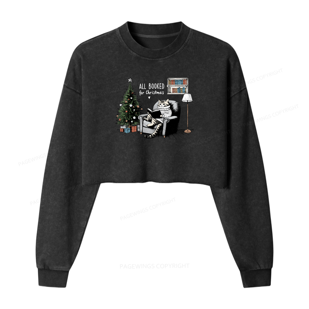 Pagewings All Booked for Christmas Women Washed Crop Sweatshirt