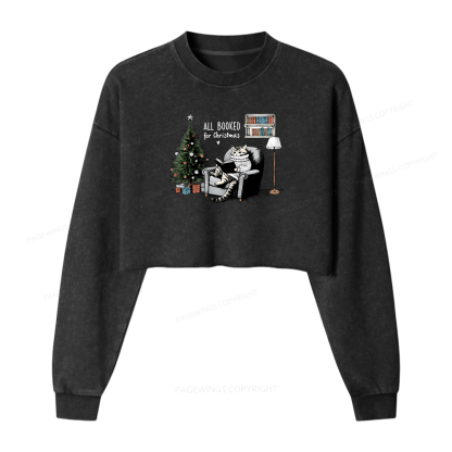Pagewings All Booked for Christmas Women Washed Crop Sweatshirt