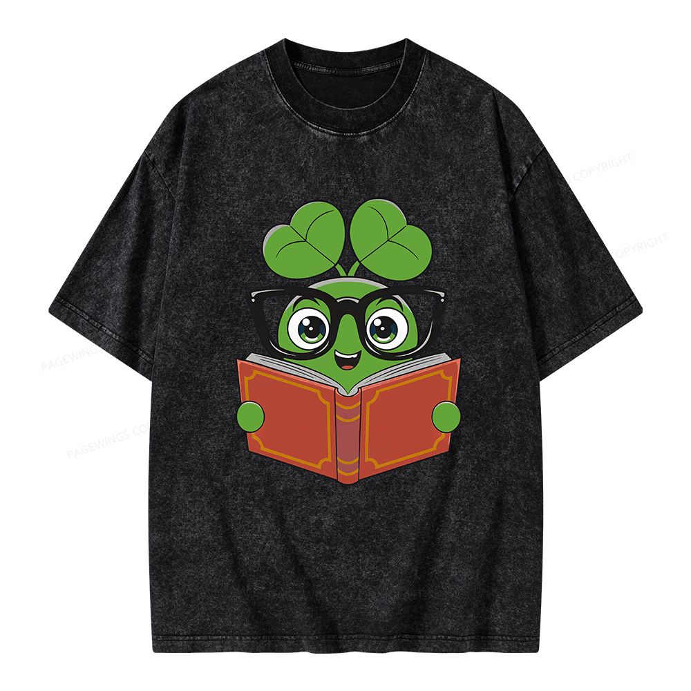 Pagewings Cute Reading Clover Tee Lucky Bookworm T-Shirt Unisex Washed T-shirt