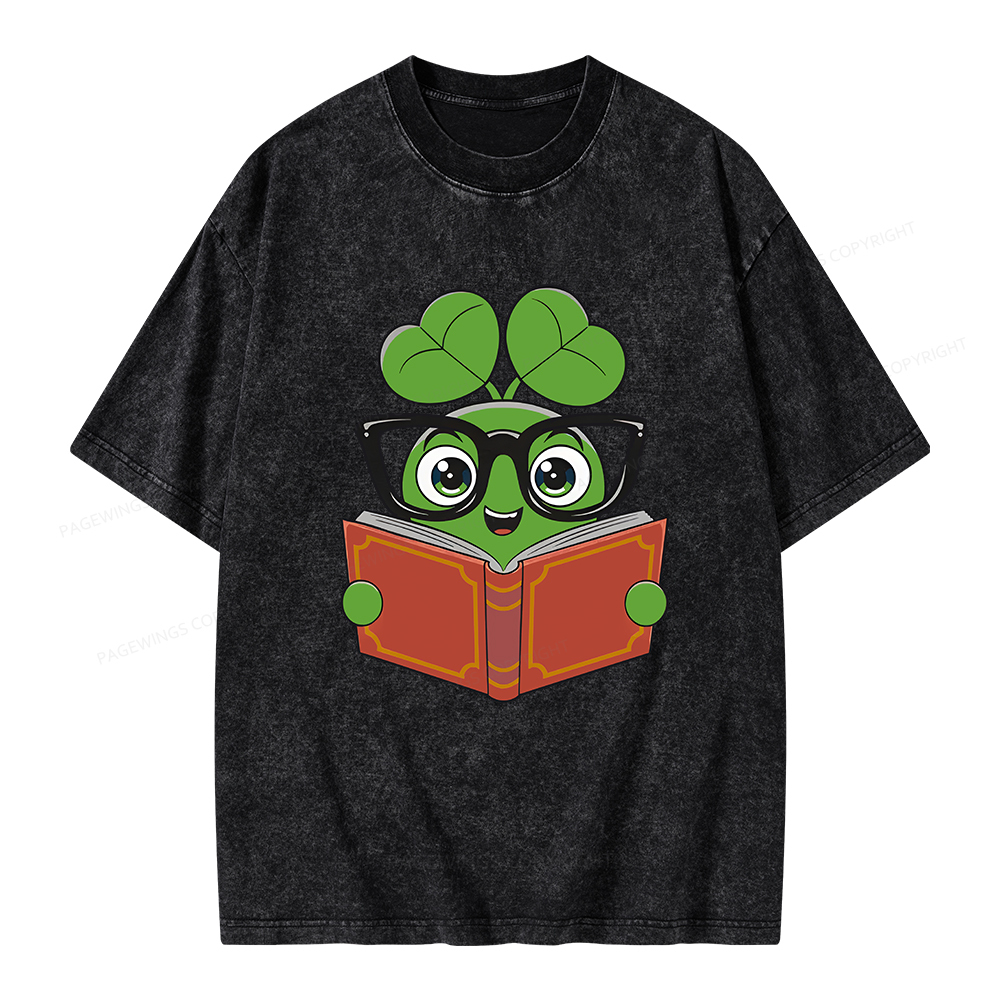 Pagewings Cute Reading Clover Tee Lucky Bookworm T-Shirt Unisex Washed T-shirt