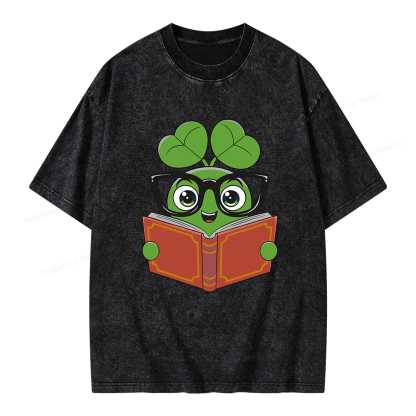 Pagewings Cute Reading Clover Tee Lucky Bookworm T-Shirt Unisex Washed T-shirt