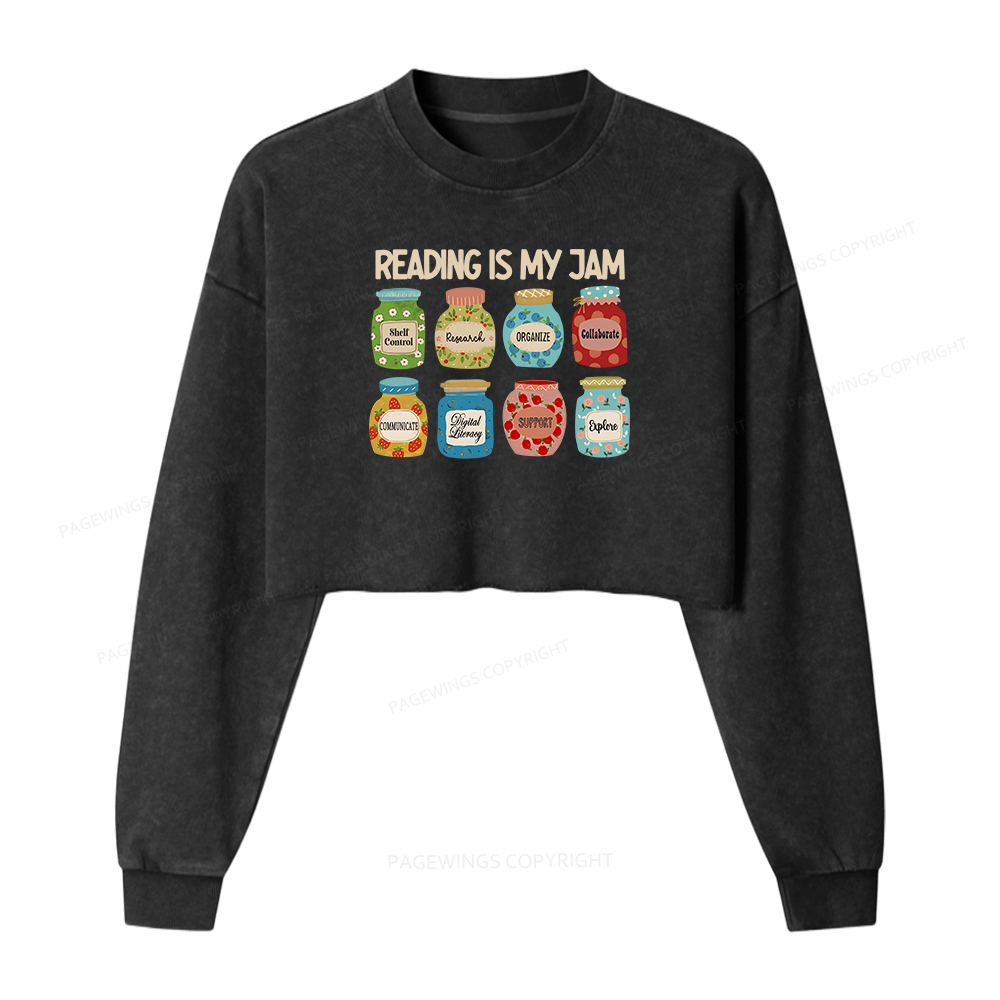 Pagewings Reading is My Jam Bookworm Women Washed Crop Sweatshirt