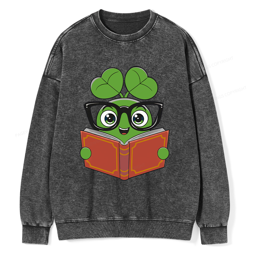  Pagewings Cute Reading Clover Tee Lucky Bookworm T-Shirt Unisex Washed Sweatshirt