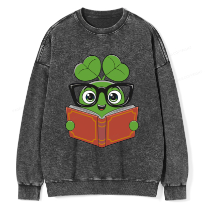  Pagewings Cute Reading Clover Tee Lucky Bookworm T-Shirt Unisex Washed Sweatshirt
