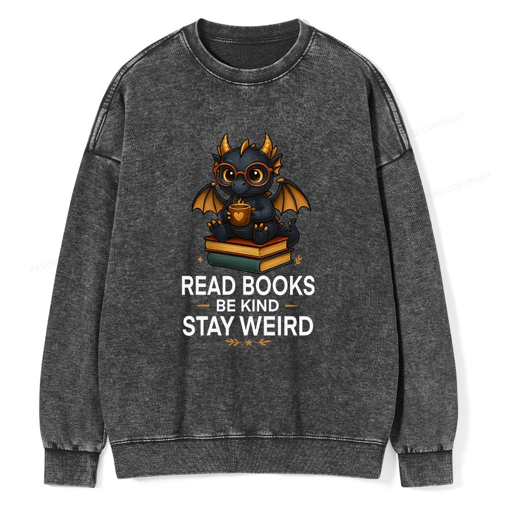 Pagewings Funny Dragon Read Books Be Kind Stay Weird Unisex Washed Sweatshirt