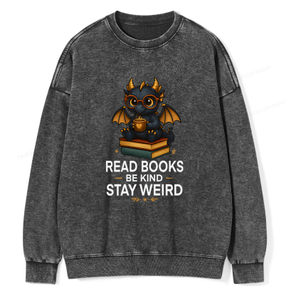 Pagewings Funny Dragon Read Books Be Kind Stay Weird Unisex Washed Sweatshirt
