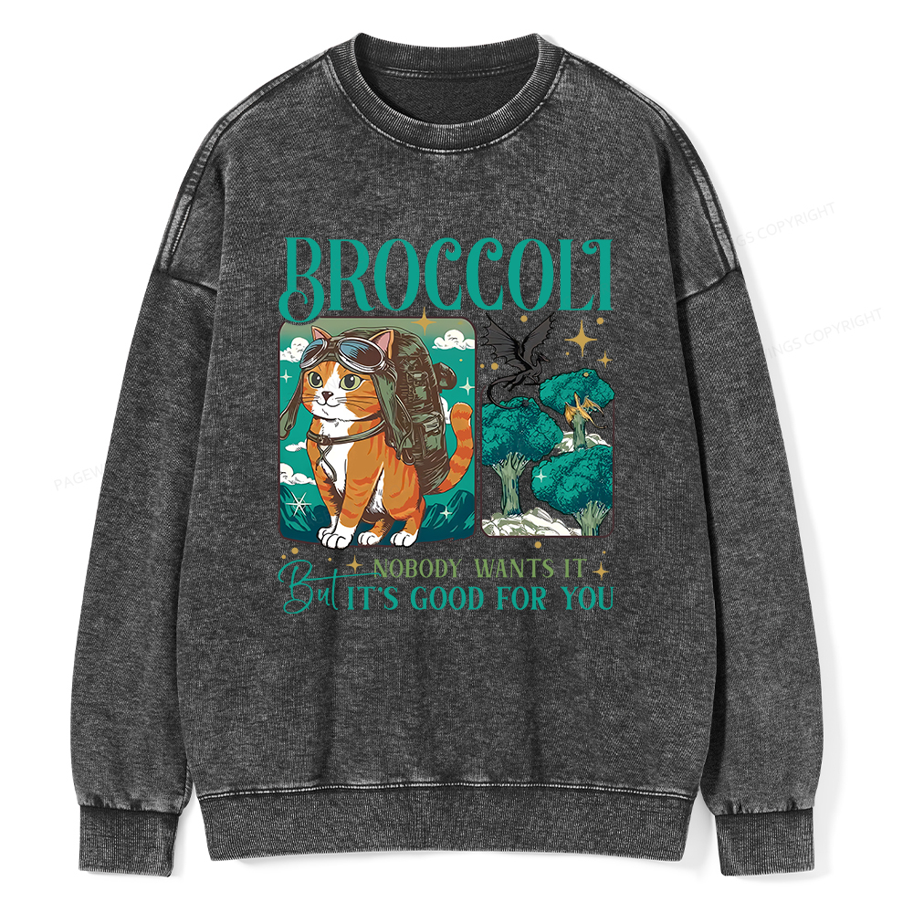 Pagewings Onyx Storm Broccoli Cat Unisex Washed Sweatshirt