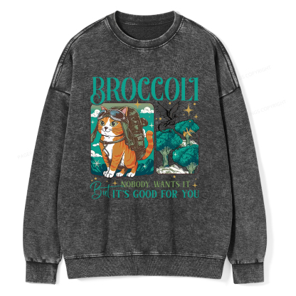 Pagewings Onyx Storm Broccoli Cat Unisex Washed Sweatshirt
