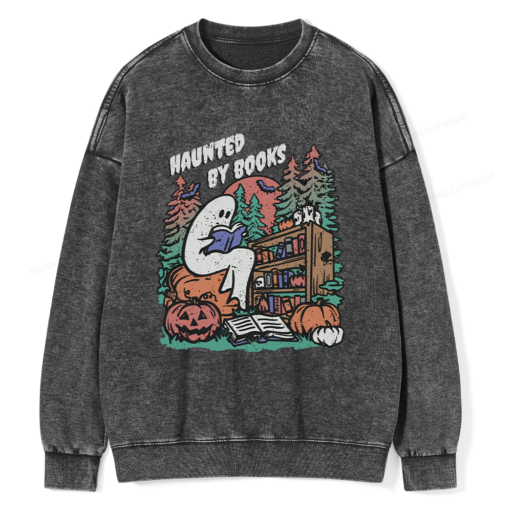 Pagewings Ghost Reading Book Halloween Unisex Washed Sweatshirt