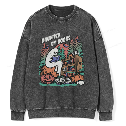 Pagewings Ghost Reading Book Halloween Unisex Washed Sweatshirt