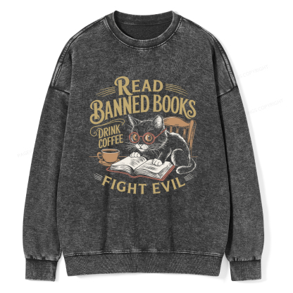 Pagewings Read Books Drink Coffee Fight Evil Unisex Washed Sweatshirt