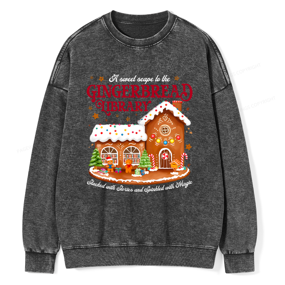 Pagewings Gingerbread Library Christmas Unisex Washed Sweatshirt