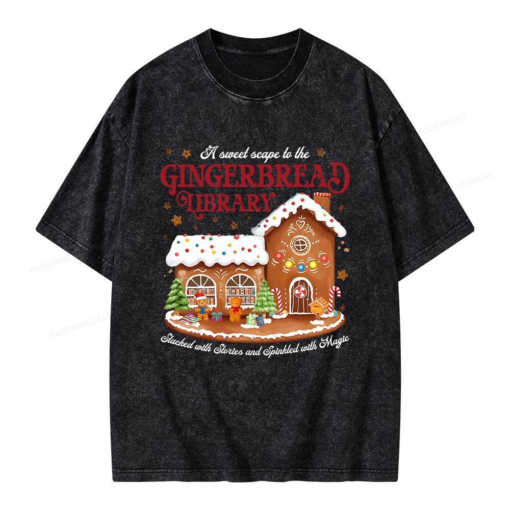 Pagewings Gingerbread Library Christmas Unisex Washed T-shirt