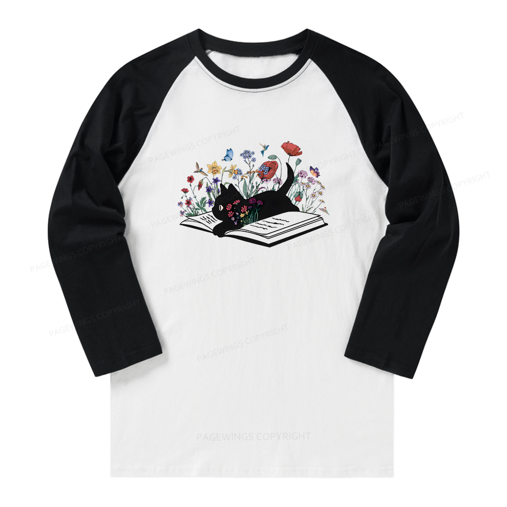 Pagewings Cute Book Cat Long Sleeve Raglan T-shirt