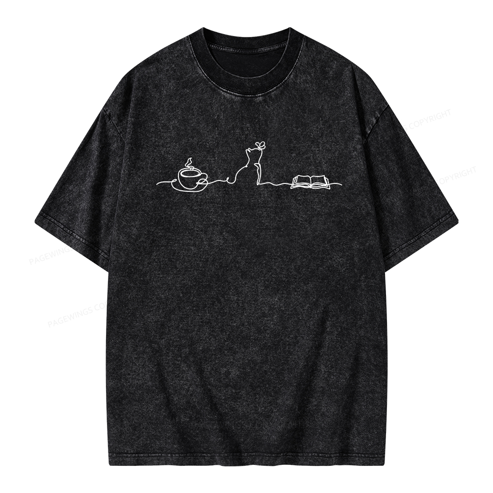 Pagewings Coffee Cats And Books Lover Unisex Washed T-shirt