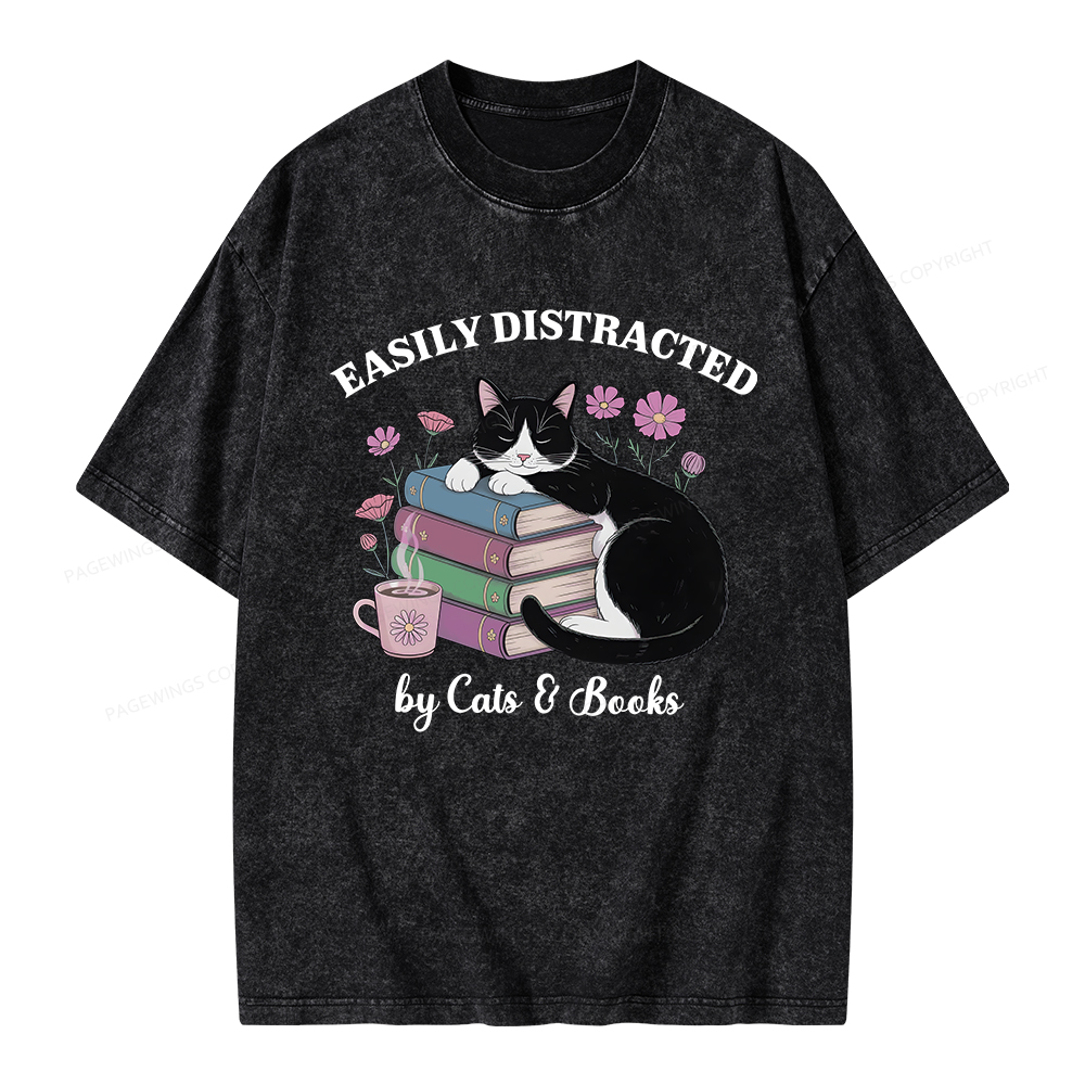 Pagewings Easily Distracted By Cats & Books Unisex Washed T-shirt