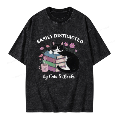 Pagewings Easily Distracted By Cats & Books Unisex Washed T-shirt