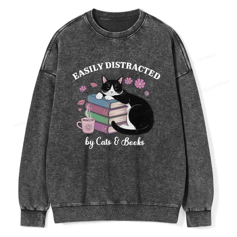 Pagewings Easily Distracted By Cats & Books Unisex Washed Sweatshirt
