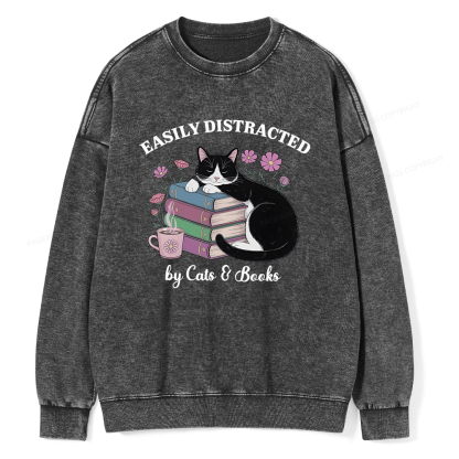 Pagewings Easily Distracted By Cats & Books Unisex Washed Sweatshirt