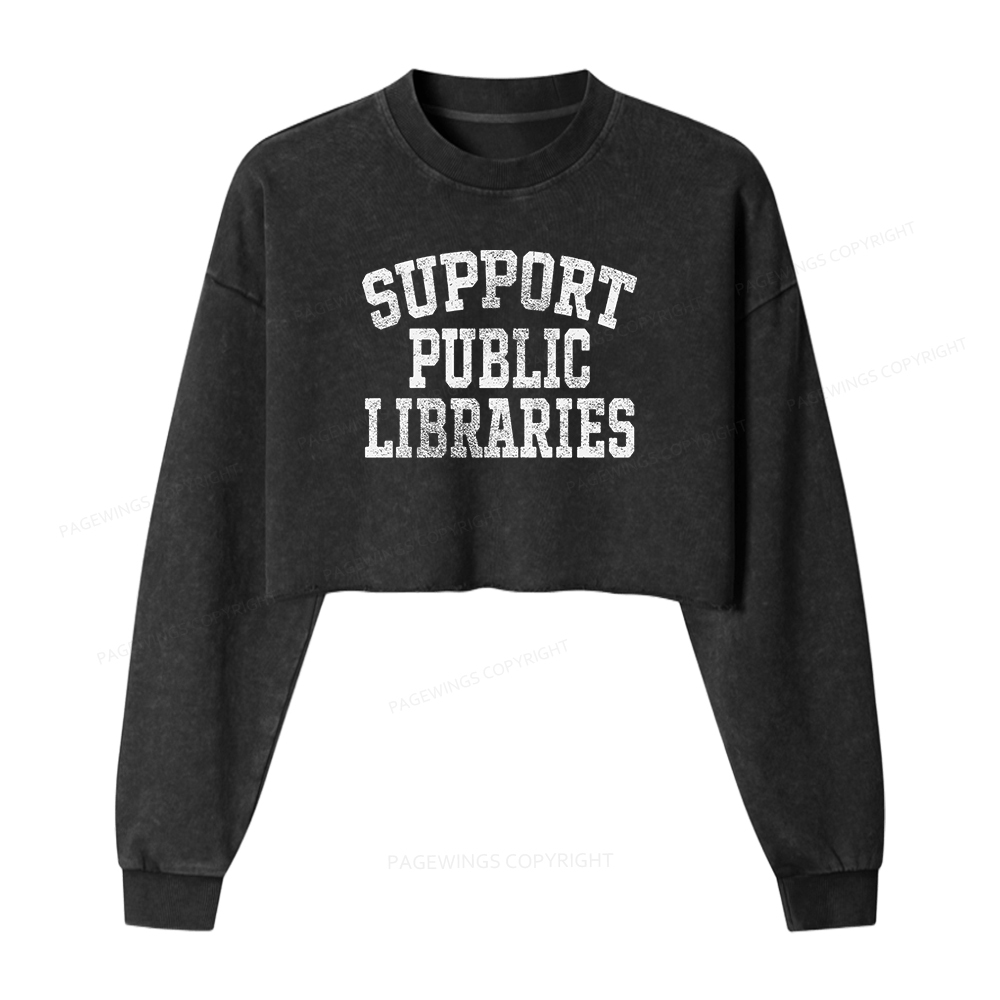 Pagewings Support Public Libraries Women Washed Crop Sweatshirt