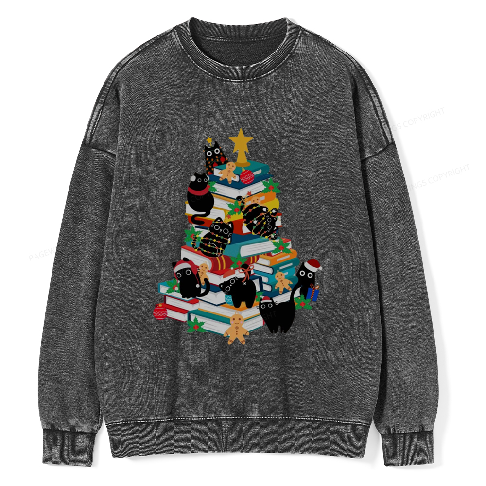 Pagewings Cute Cats Books Christmas Tree Unisex Washed Sweatshirt