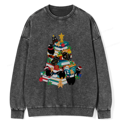 Pagewings Cute Cats Books Christmas Tree Unisex Washed Sweatshirt