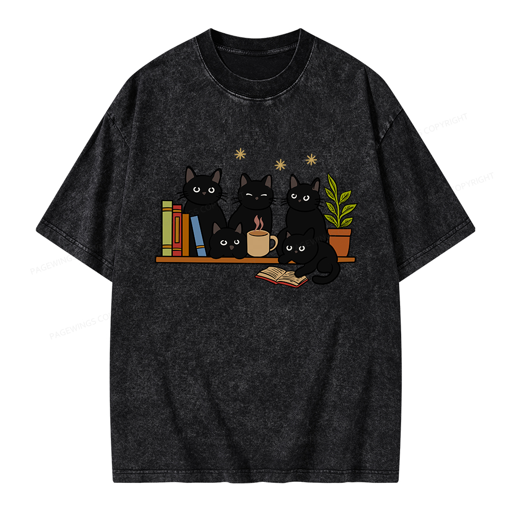 Pagewings Cat On Bookshelf Unisex Washed T-shirt