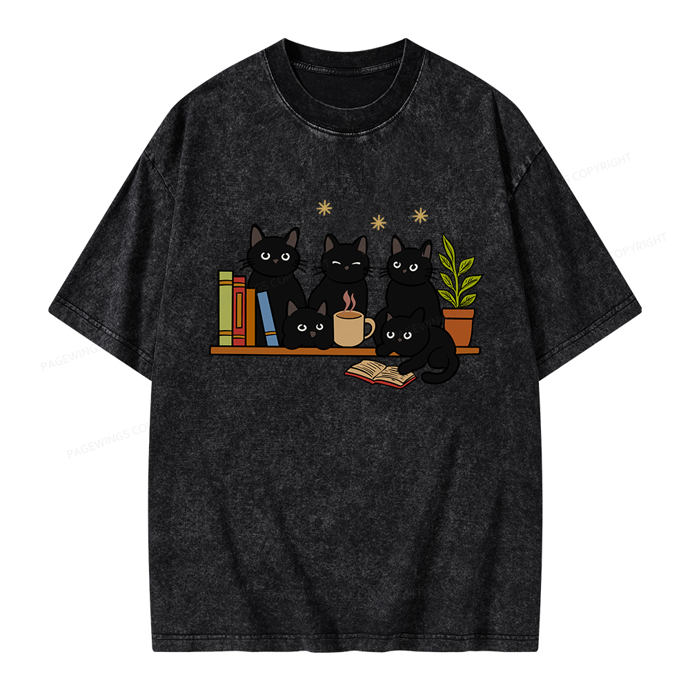 Pagewings Cat On Bookshelf Unisex Washed T-shirt