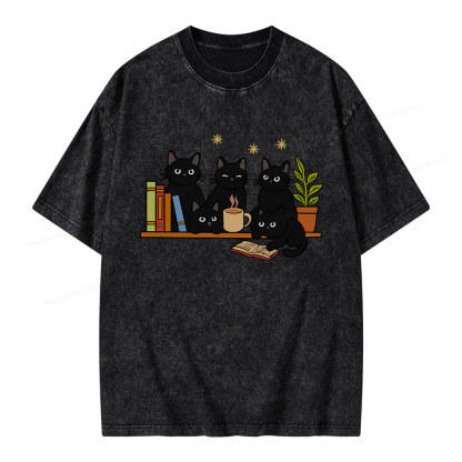 Pagewings Cat On Bookshelf Unisex Washed T-shirt