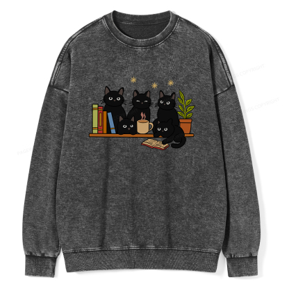 Pagewings Cat On Bookshelf Unisex Washed Sweatshirt