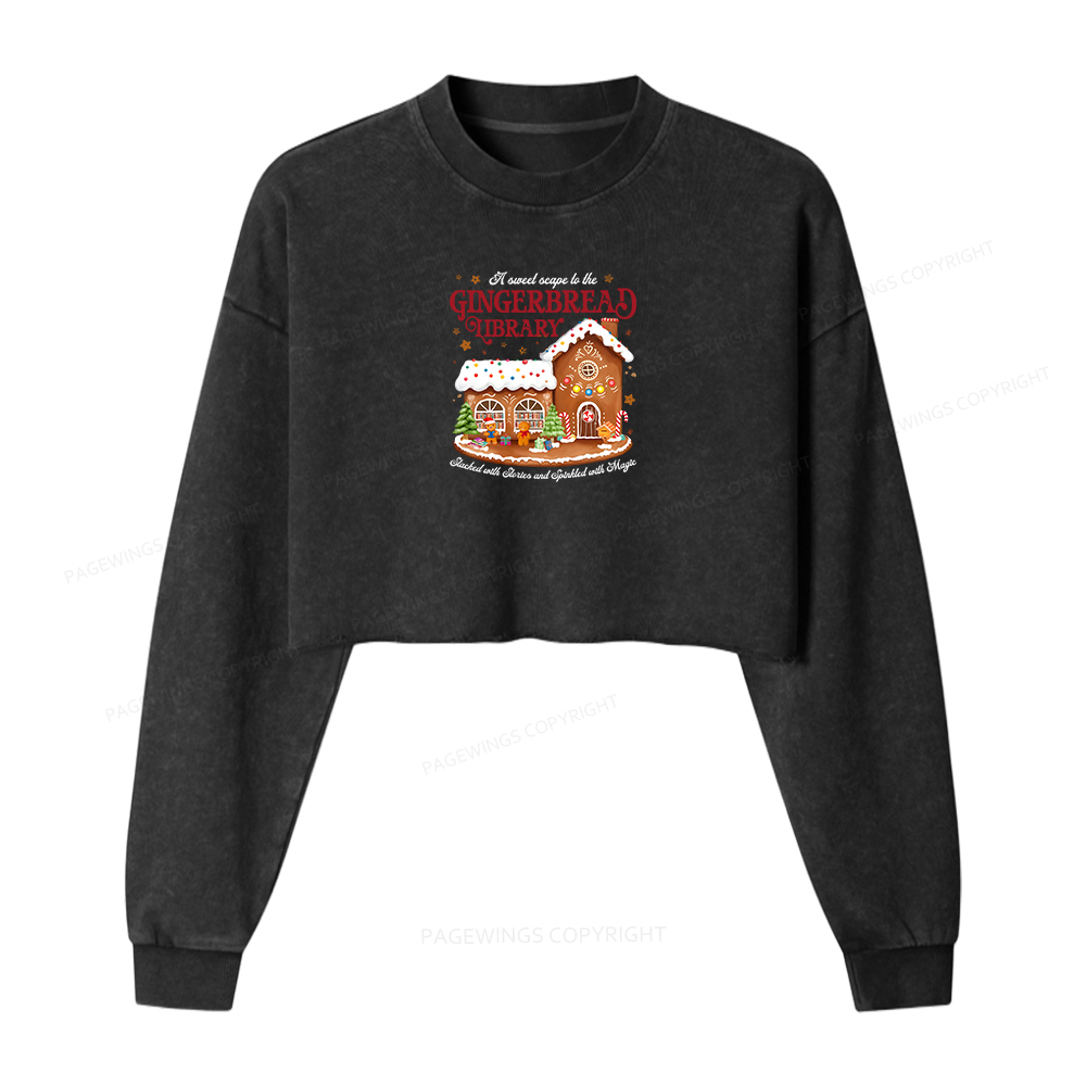 Pagewings Gingerbread Library Christmas Women Washed Crop Sweatshirt