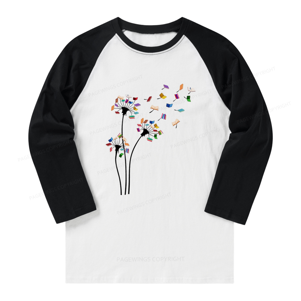 Pagewings Cute Dandelion Books Flower Fly Long Sleeve Raglan T-shirt