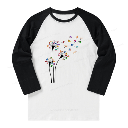 Pagewings Cute Dandelion Books Flower Fly Long Sleeve Raglan T-shirt