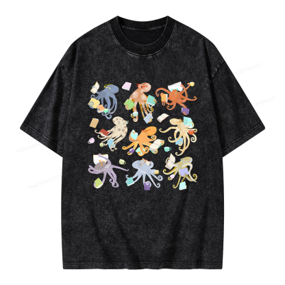 Pagewings Reading Octopuses Unisex Washed T-shirt
