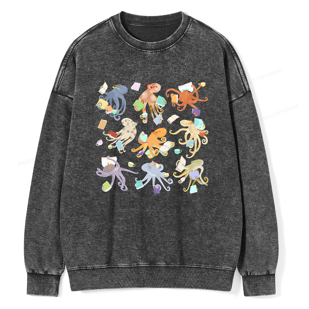 Pagewings Reading Octopuses Unisex Washed Sweatshirt