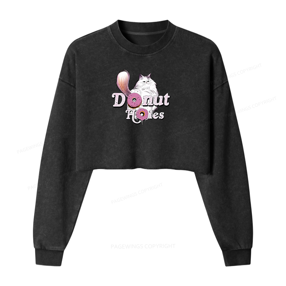 Pagewings Donut Cat Bookish Women Washed Crop Sweatshirt
