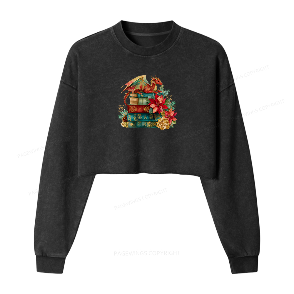 Pagewings Christmas Book Dragon Women Washed Crop Sweatshirt