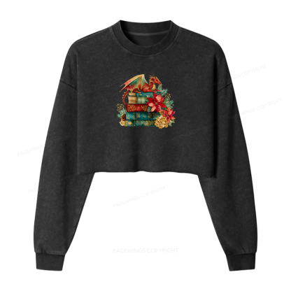 Pagewings Christmas Book Dragon Women Washed Crop Sweatshirt