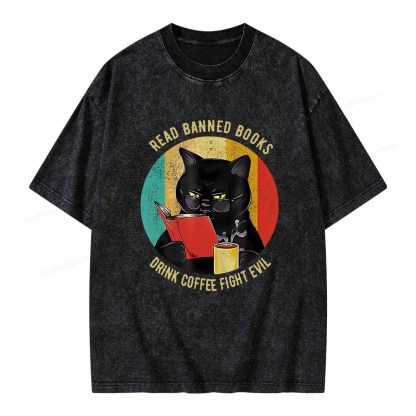 Pagewings Read Banned Books Drink Coffee Fight Evil Retro Cat Lovers T-Shirt Unisex Washed T-shirt