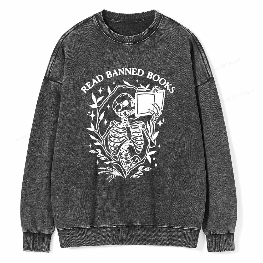 Pagewings Read Banned Books Skeleton Halloween Goth Protest T-Shirt Unisex Washed Sweatshirt