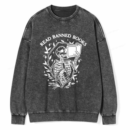 Pagewings Read Banned Books Skeleton Halloween Goth Protest T-Shirt Unisex Washed Sweatshirt